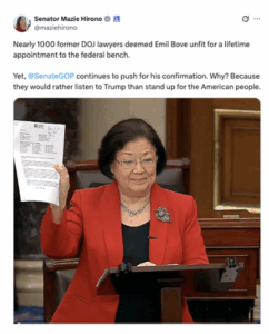 Senator Mazie Hirono holds up Emil Bove letter from Justice Connection on Senate floor.